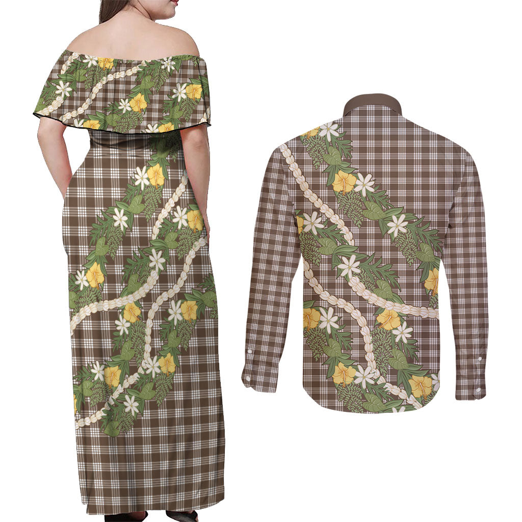 Aloha Puakenikeni Anthurium Pikake Lei Couples Matching Off Shoulder Maxi Dress and Long Sleeve Button Shirt Chocolate Hawaiian Palaka Pattern