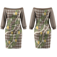 Aloha Puakenikeni Anthurium Pikake Lei Couples Matching Off The Shoulder Long Sleeve Dress and Hawaiian Shirt Chocolate Hawaiian Palaka Pattern LT9 - Polynesian Pride