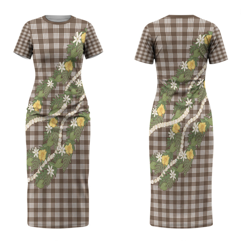 Aloha Puakenikeni Anthurium Pikake Lei Couples Matching Short Sleeve Bodycon Dress and Hawaiian Shirt Chocolate Hawaiian Palaka Pattern LT9 - Polynesian Pride