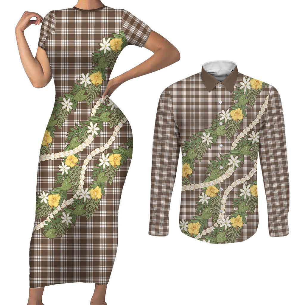 Aloha Puakenikeni Anthurium Pikake Lei Couples Matching Short Sleeve Bodycon Dress and Long Sleeve Button Shirt Chocolate Hawaiian Palaka Pattern
