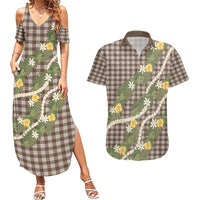 Aloha Puakenikeni Anthurium Pikake Lei Couples Matching Summer Maxi Dress and Hawaiian Shirt Chocolate Hawaiian Palaka Pattern