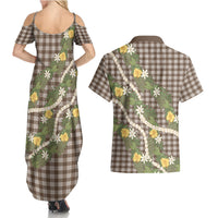 Aloha Puakenikeni Anthurium Pikake Lei Couples Matching Summer Maxi Dress and Hawaiian Shirt Chocolate Hawaiian Palaka Pattern