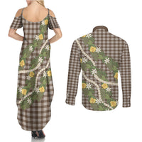 Aloha Puakenikeni Anthurium Pikake Lei Couples Matching Summer Maxi Dress and Long Sleeve Button Shirt Chocolate Hawaiian Palaka Pattern