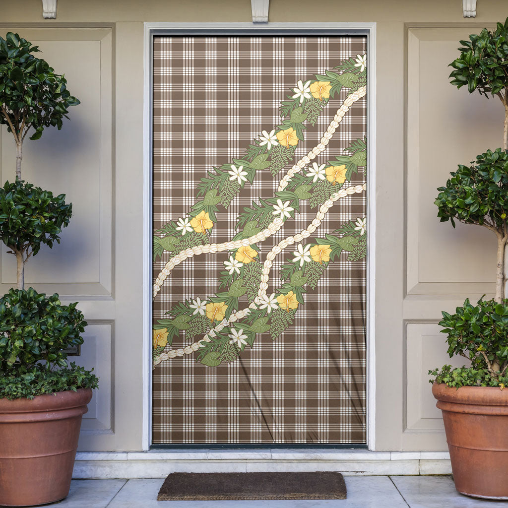 Aloha Puakenikeni Anthurium Pikake Lei Door Cover Chocolate Hawaiian Palaka Pattern