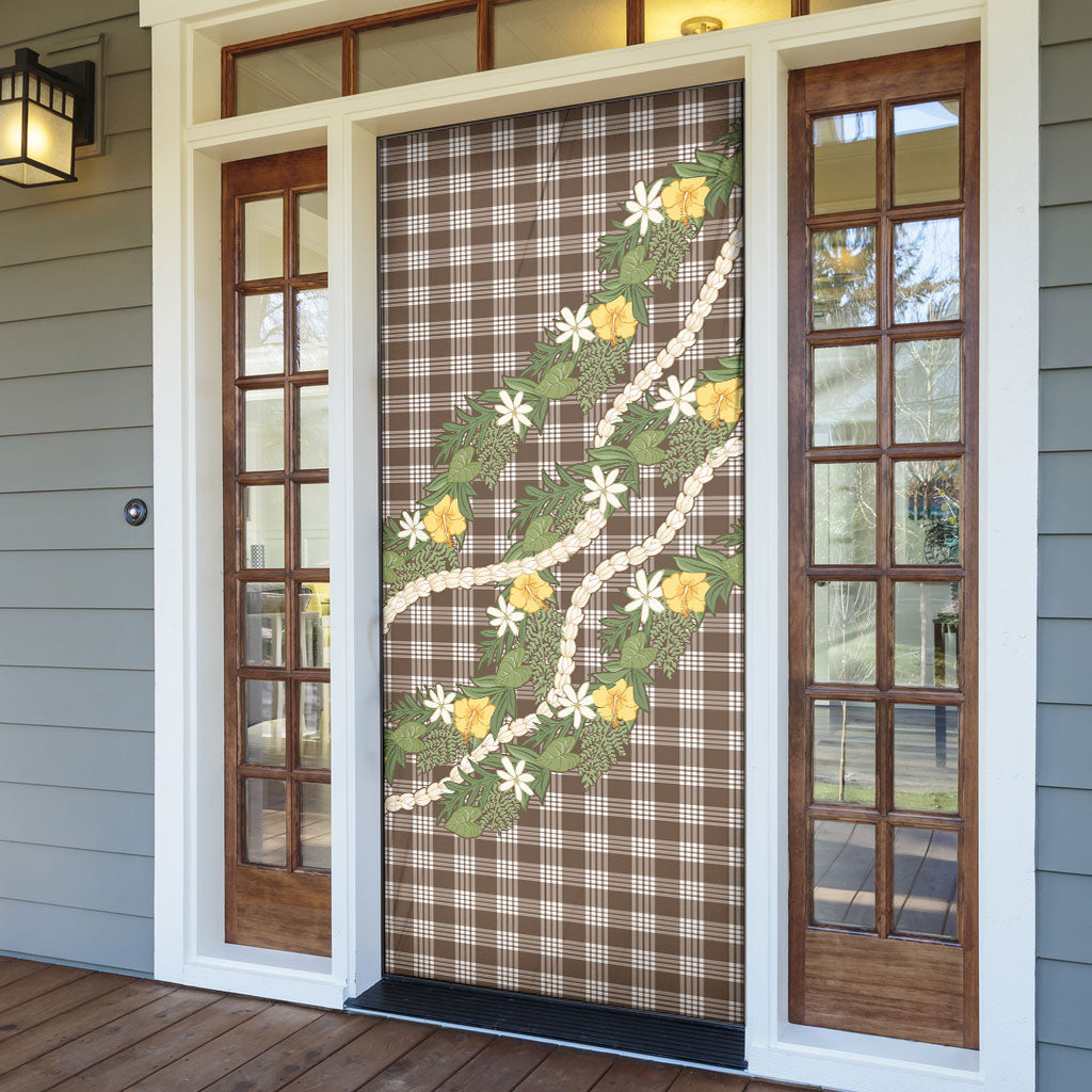 Aloha Puakenikeni Anthurium Pikake Lei Door Cover Chocolate Hawaiian Palaka Pattern