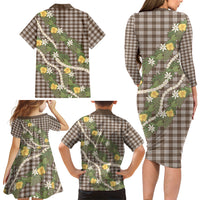 Aloha Puakenikeni Anthurium Pikake Lei Family Matching Long Sleeve Bodycon Dress and Hawaiian Shirt Chocolate Hawaiian Palaka Pattern LT9 - Polynesian Pride