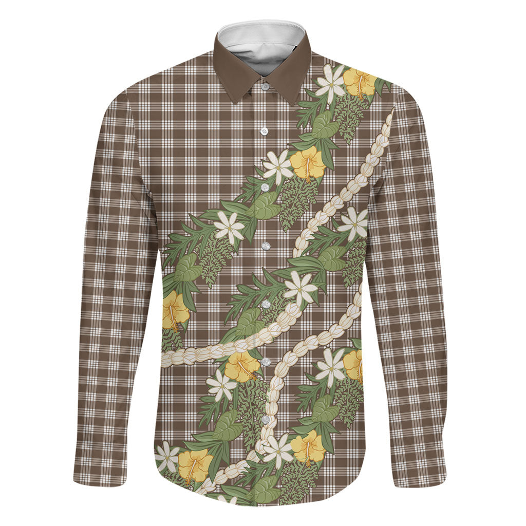 Aloha Puakenikeni Anthurium Pikake Lei Family Matching Long Sleeve Bodycon Dress and Hawaiian Shirt Chocolate Hawaiian Palaka Pattern LT9 Dad's Shirt - Long Sleeve Chocolate - Polynesian Pride