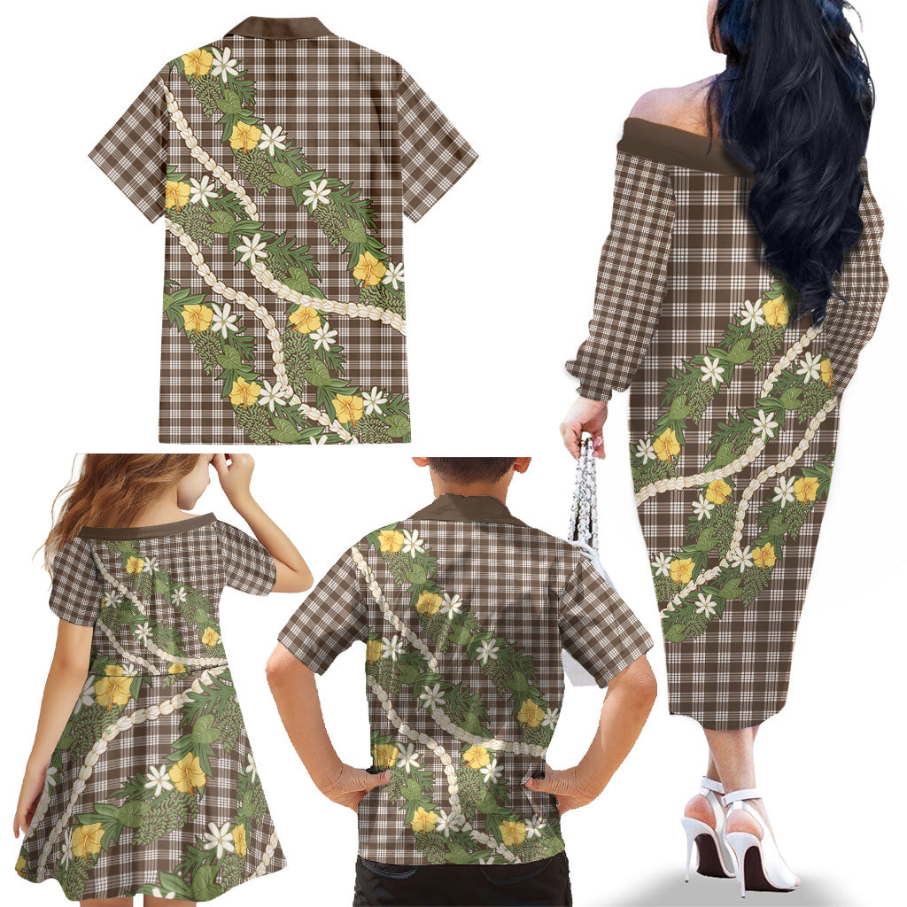 Aloha Puakenikeni Anthurium Pikake Lei Family Matching Off The Shoulder Long Sleeve Dress and Hawaiian Shirt Chocolate Hawaiian Palaka Pattern LT9 - Polynesian Pride