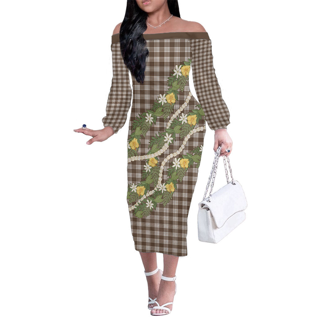 Aloha Puakenikeni Anthurium Pikake Lei Family Matching Off The Shoulder Long Sleeve Dress and Hawaiian Shirt Chocolate Hawaiian Palaka Pattern LT9 Mom's Dress Chocolate - Polynesian Pride
