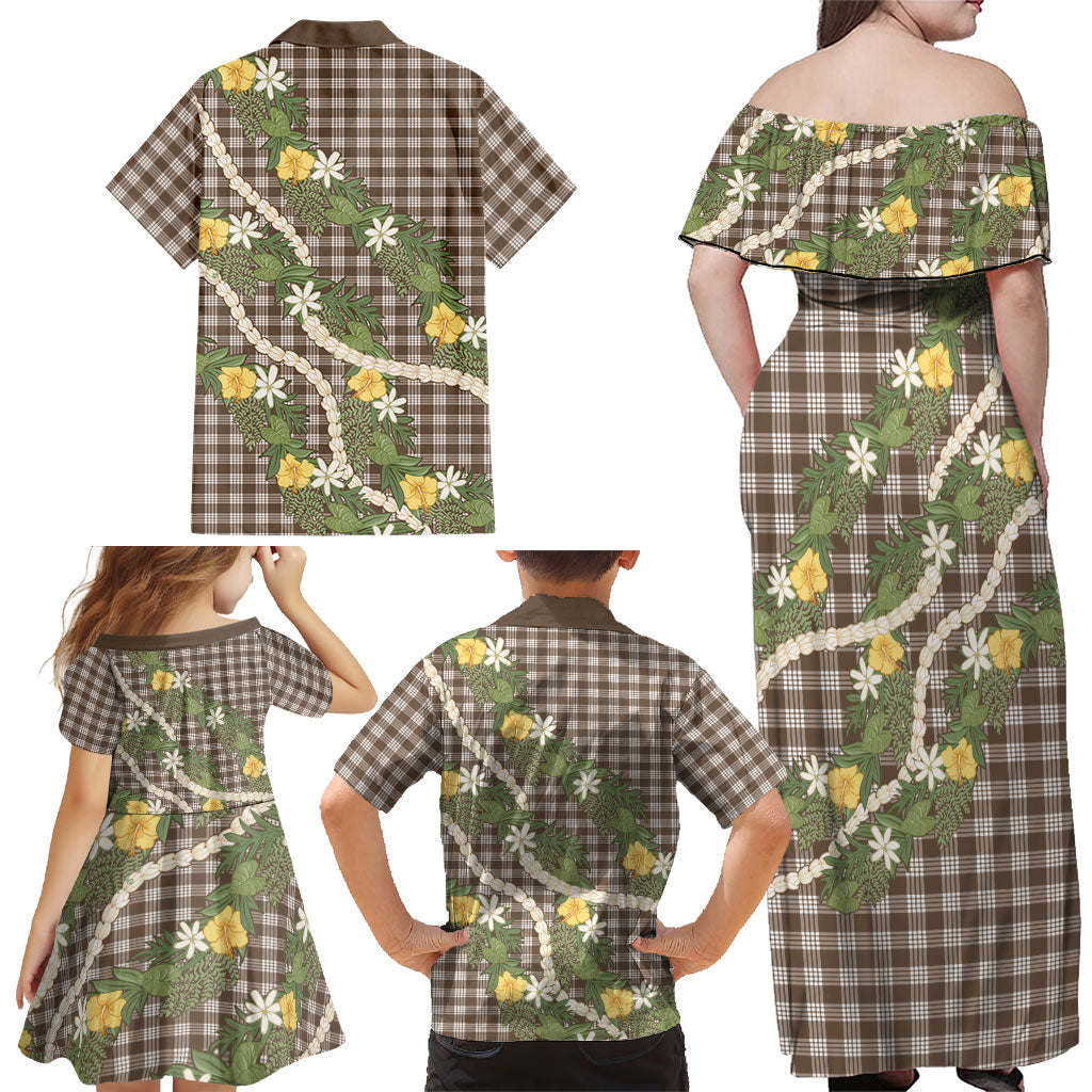 Aloha Puakenikeni Anthurium Pikake Lei Family Matching Off Shoulder Maxi Dress and Hawaiian Shirt Chocolate Hawaiian Palaka Pattern LT9 - Polynesian Pride