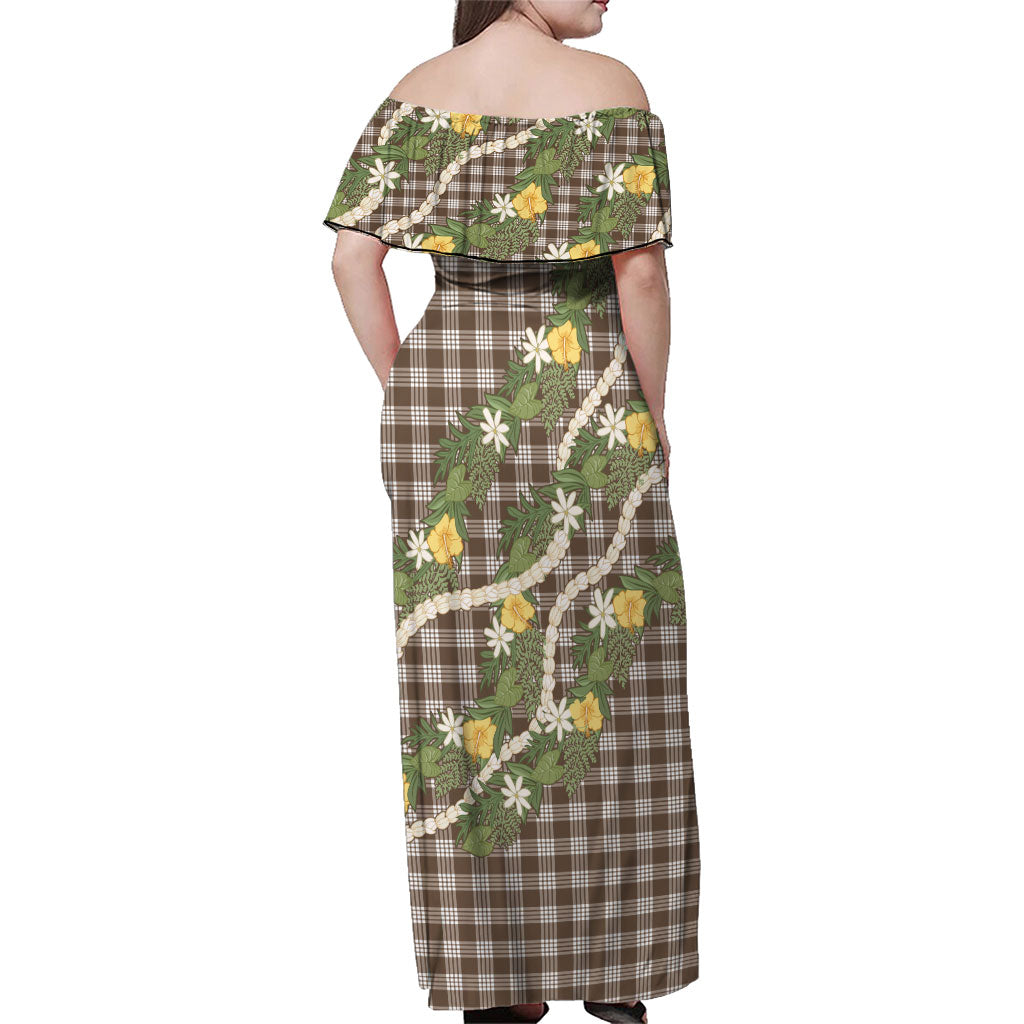 Aloha Puakenikeni Anthurium Pikake Lei Family Matching Off Shoulder Maxi Dress and Hawaiian Shirt Chocolate Hawaiian Palaka Pattern LT9 - Polynesian Pride