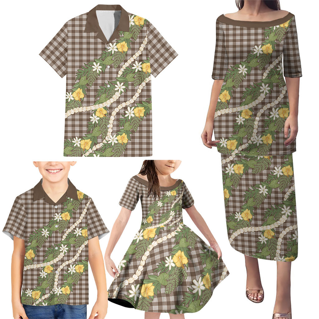 Aloha Puakenikeni Anthurium Pikake Lei Family Matching Puletasi and Hawaiian Shirt Chocolate Hawaiian Palaka Pattern
