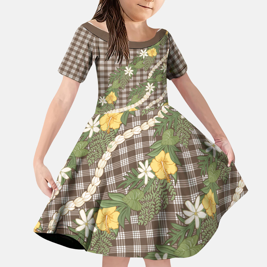 Aloha Puakenikeni Anthurium Pikake Lei Family Matching Short Sleeve Bodycon Dress and Hawaiian Shirt Chocolate Hawaiian Palaka Pattern LT9 Daughter's Dress Chocolate - Polynesian Pride