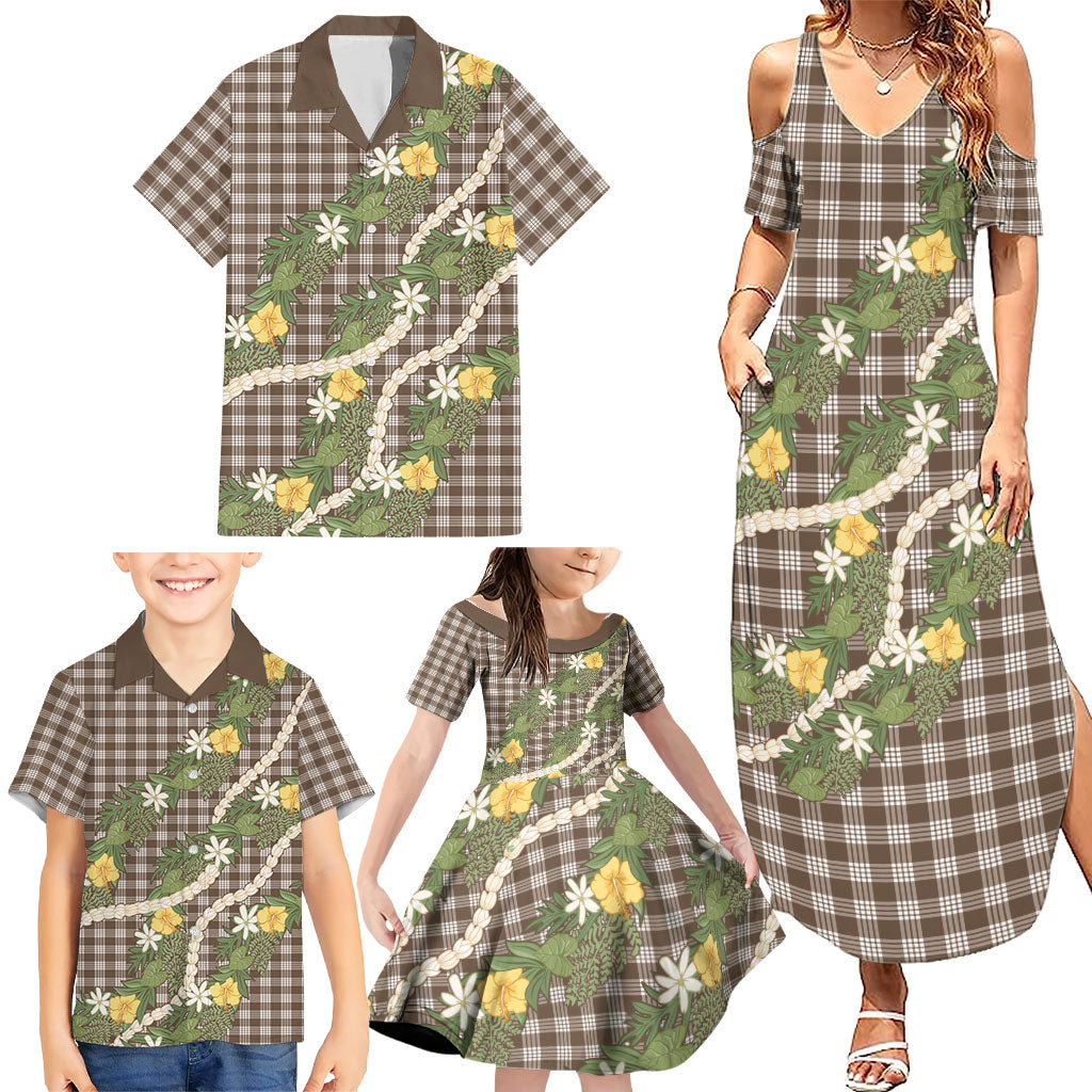 Aloha Puakenikeni Anthurium Pikake Lei Family Matching Summer Maxi Dress and Hawaiian Shirt Chocolate Hawaiian Palaka Pattern LT9 - Polynesian Pride