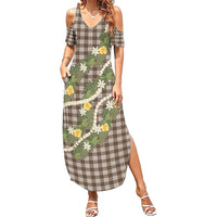 Aloha Puakenikeni Anthurium Pikake Lei Family Matching Summer Maxi Dress and Hawaiian Shirt Chocolate Hawaiian Palaka Pattern LT9 Mom's Dress Chocolate - Polynesian Pride