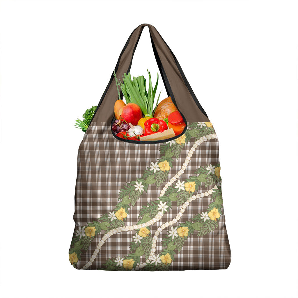 Aloha Puakenikeni Anthurium Pikake Lei Grocery Bag Chocolate Hawaiian Palaka Pattern