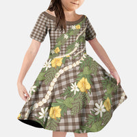 Aloha Puakenikeni Anthurium Pikake Lei Kid Short Sleeve Dress Chocolate Hawaiian Palaka Pattern