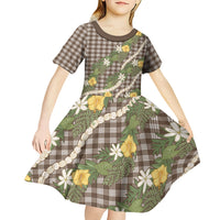 Aloha Puakenikeni Anthurium Pikake Lei Kid Short Sleeve Dress Chocolate Hawaiian Palaka Pattern