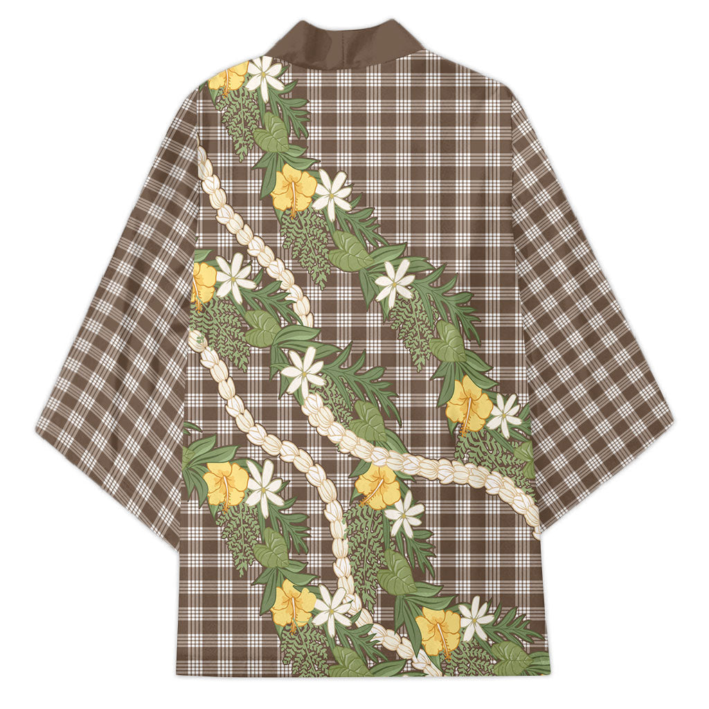 Aloha Puakenikeni Anthurium Pikake Lei Kimono Chocolate Hawaiian Palaka Pattern