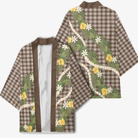 Aloha Puakenikeni Anthurium Pikake Lei Kimono Chocolate Hawaiian Palaka Pattern