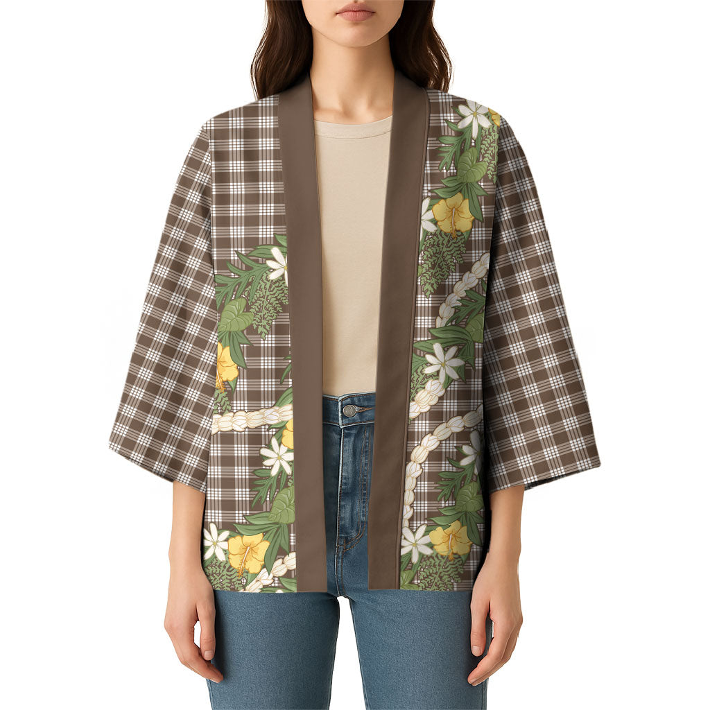 Aloha Puakenikeni Anthurium Pikake Lei Kimono Chocolate Hawaiian Palaka Pattern