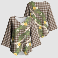 Aloha Puakenikeni Anthurium Pikake Lei Kimono Sleeve Blouse Chocolate Hawaiian Palaka Pattern