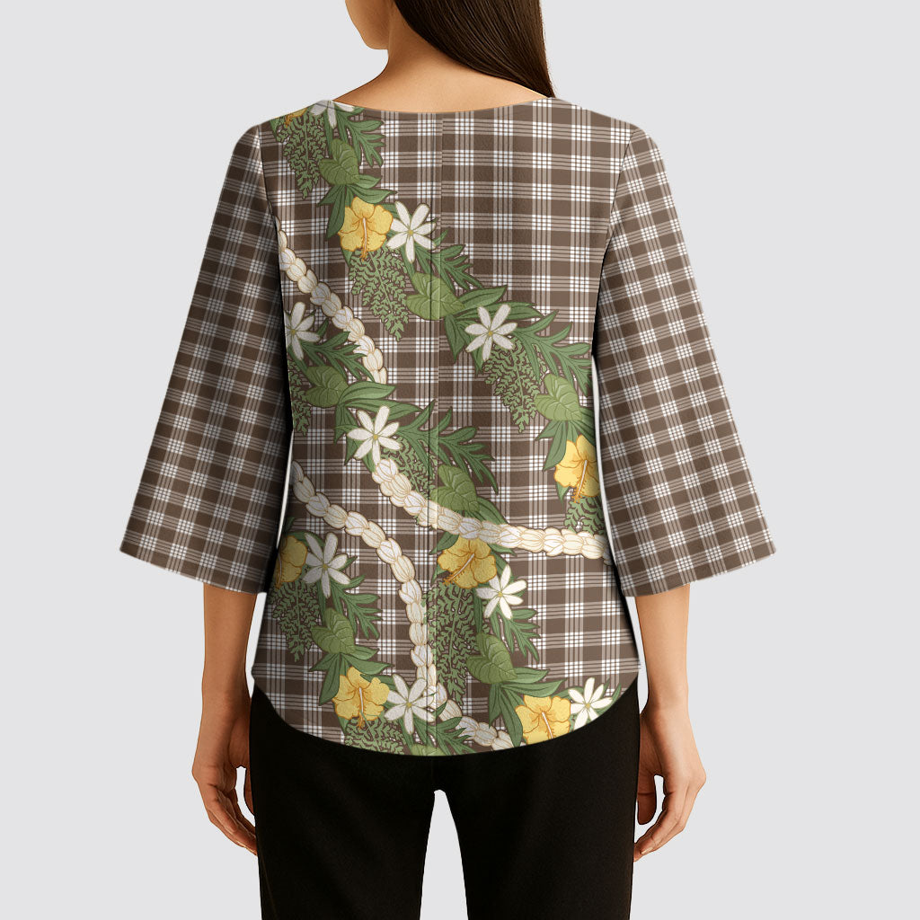 Aloha Puakenikeni Anthurium Pikake Lei Kimono Sleeve Blouse Chocolate Hawaiian Palaka Pattern