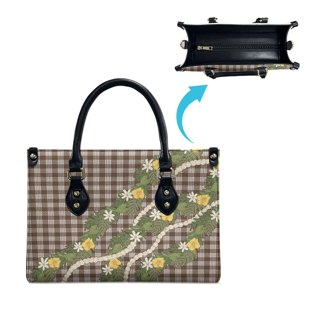 Aloha Puakenikeni Anthurium Pikake Lei Leather Bag Chocolate Hawaiian Palaka Pattern