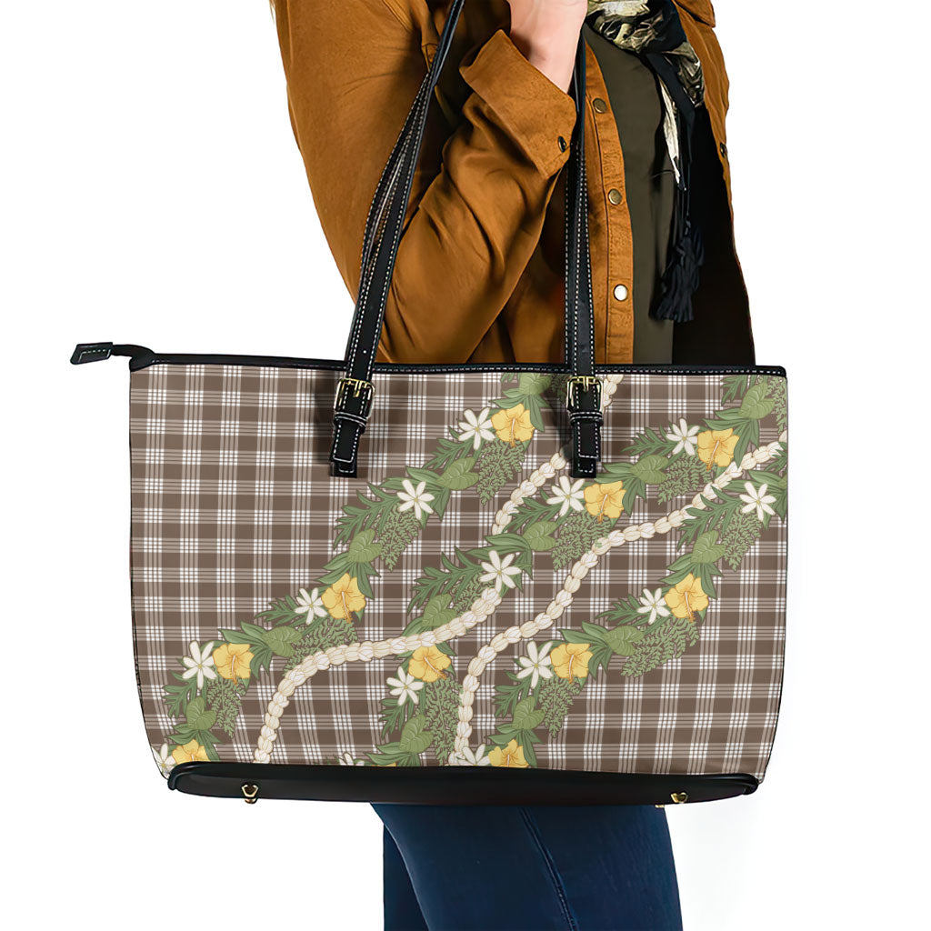 Aloha Puakenikeni Anthurium Pikake Lei Leather Tote Bag Chocolate Hawaiian Palaka Pattern