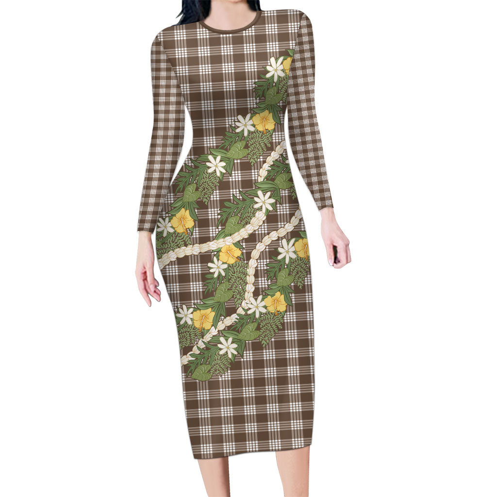 Aloha Puakenikeni Anthurium Pikake Lei Long Sleeve Bodycon Dress Chocolate Hawaiian Palaka Pattern