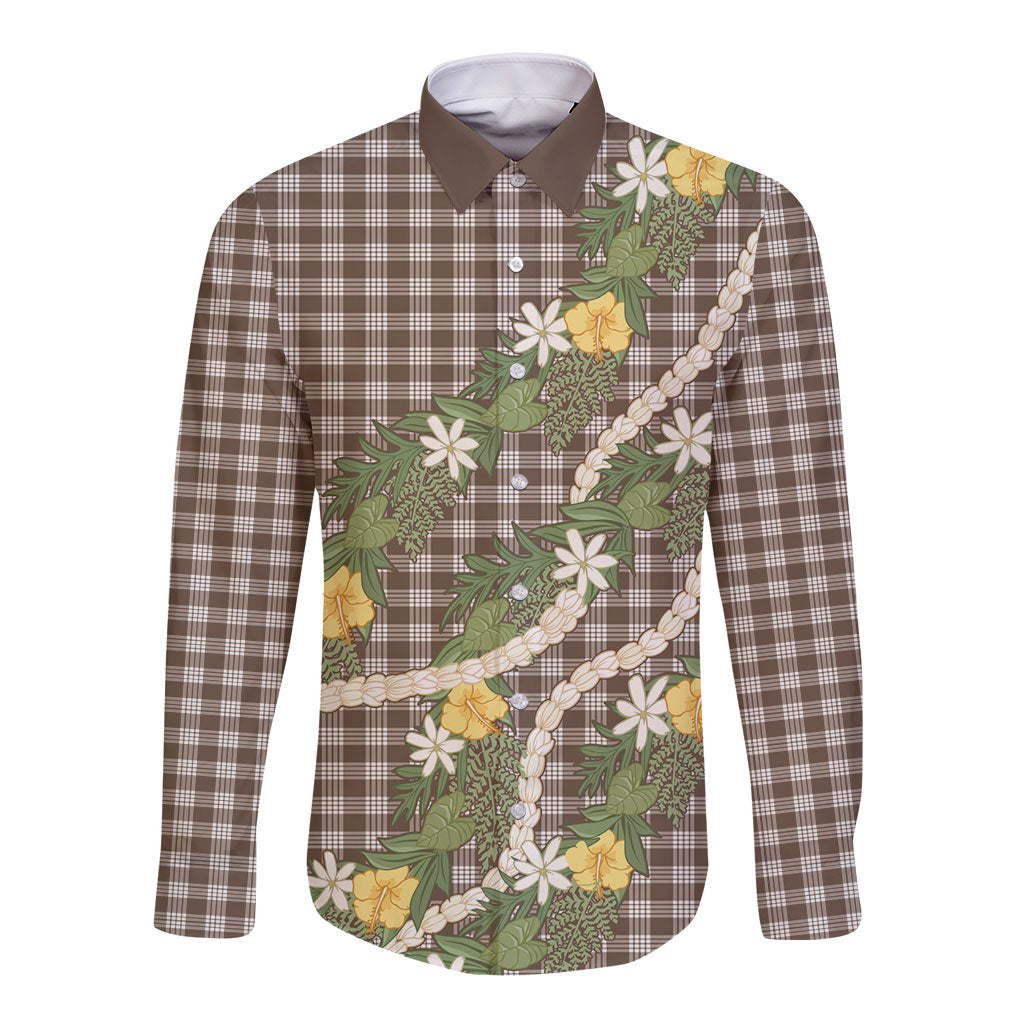 Aloha Puakenikeni Anthurium Pikake Lei Long Sleeve Button Shirt Chocolate Hawaiian Palaka Pattern