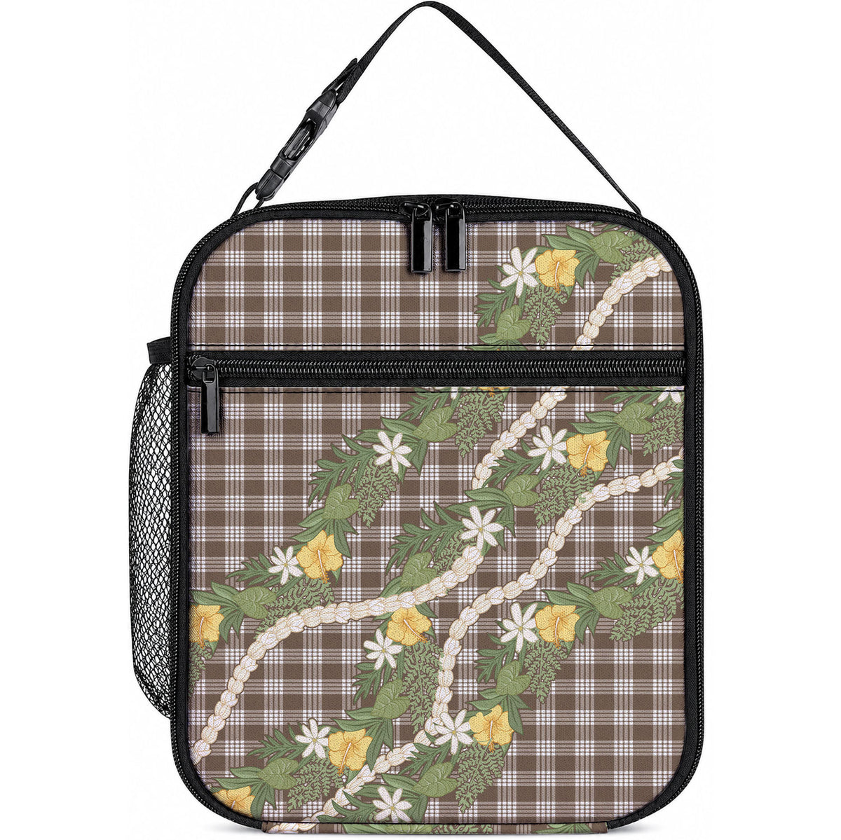 Aloha Puakenikeni Anthurium Pikake Lei Lunch Bag Chocolate Hawaiian Palaka Pattern LT9 10.2 × 8.3 × 4.3 inch Chocolate - Polynesian Pride