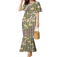Aloha Puakenikeni Anthurium Pikake Lei Mermaid Dress Chocolate Hawaiian Palaka Pattern