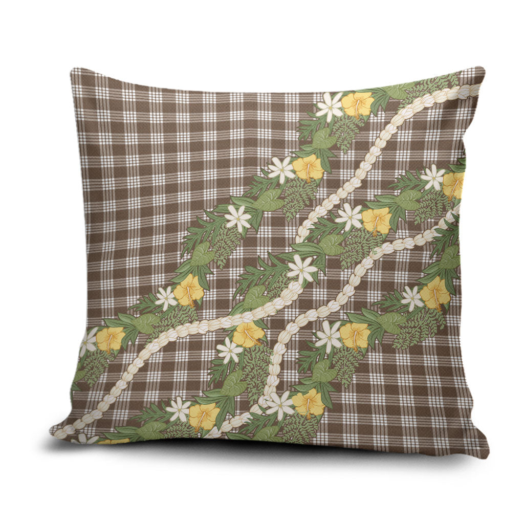 Aloha Puakenikeni Anthurium Pikake Lei Pillow Cover Chocolate Hawaiian Palaka Pattern