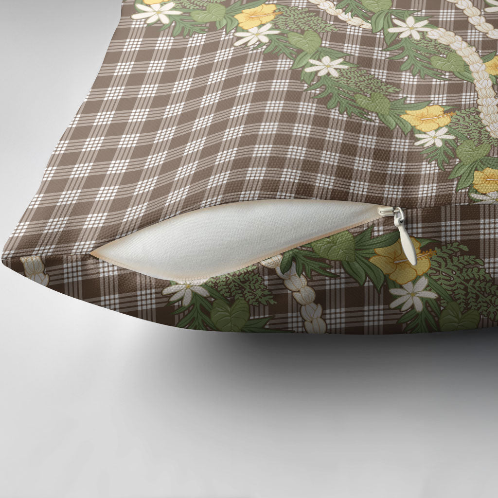 Aloha Puakenikeni Anthurium Pikake Lei Pillow Cover Chocolate Hawaiian Palaka Pattern