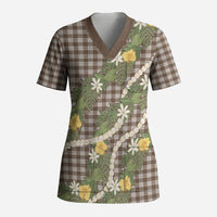 Aloha Puakenikeni Anthurium Pikake Lei Scrub Top Chocolate Hawaiian Palaka Pattern