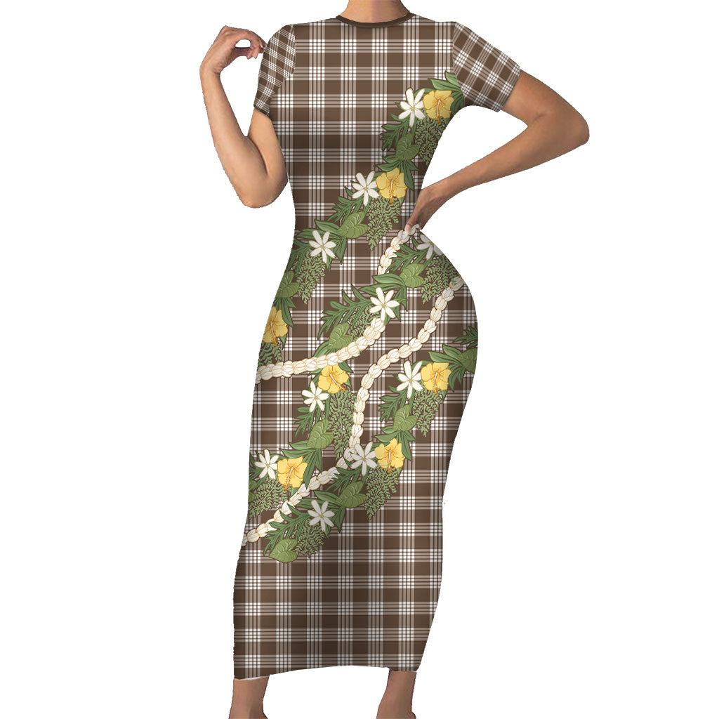 Aloha Puakenikeni Anthurium Pikake Lei Short Sleeve Bodycon Dress Chocolate Hawaiian Palaka Pattern