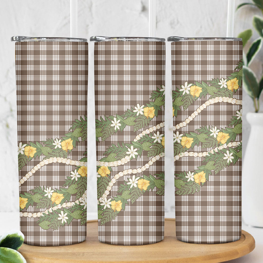 Aloha Puakenikeni Anthurium Pikake Lei Skinny Tumbler Chocolate Hawaiian Palaka Pattern