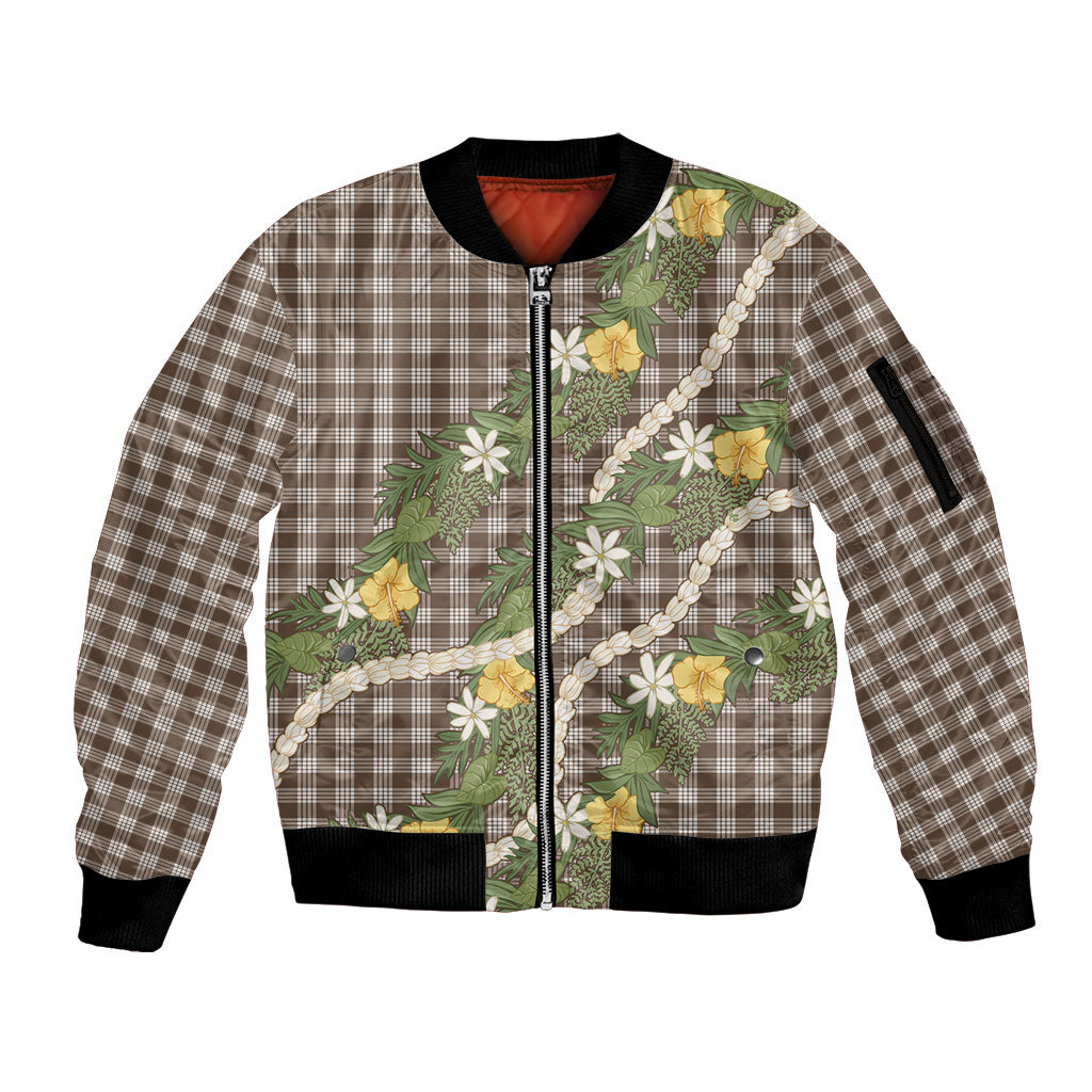 Aloha Puakenikeni Anthurium Pikake Lei Sleeve Zip Bomber Jacket Chocolate Hawaiian Palaka Pattern