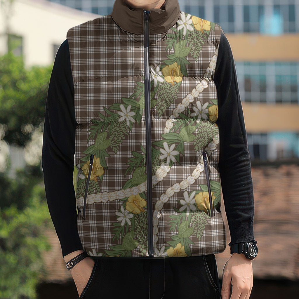 Aloha Puakenikeni Anthurium Pikake Lei Sleeveless Puffer Jacket Chocolate Hawaiian Palaka Pattern