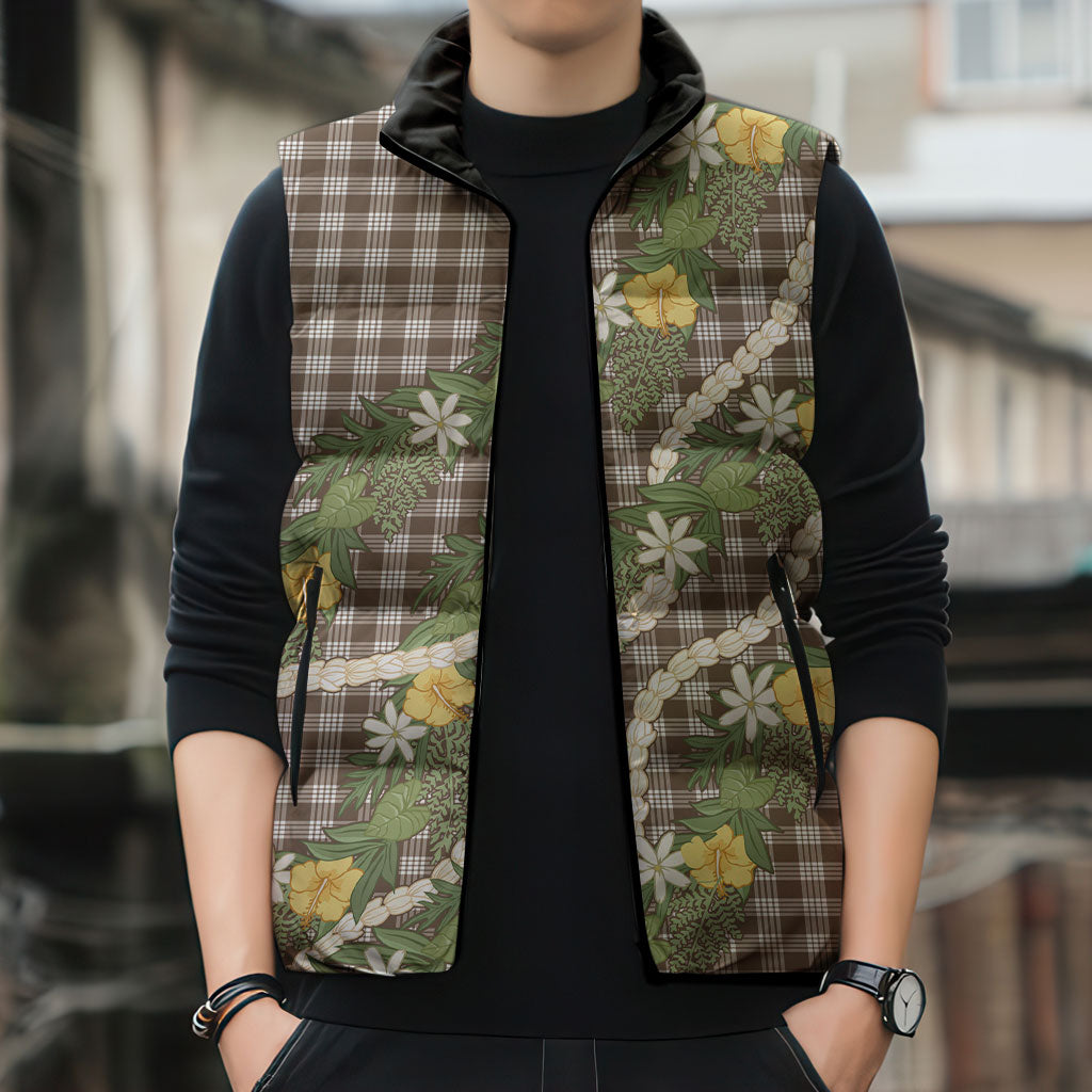 Aloha Puakenikeni Anthurium Pikake Lei Sleeveless Puffer Jacket Chocolate Hawaiian Palaka Pattern