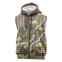 Aloha Puakenikeni Anthurium Pikake Lei Sleeveless Zip Hoodie Chocolate Hawaiian Palaka Pattern