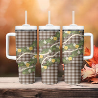 Aloha Puakenikeni Anthurium Pikake Lei Tumbler With Handle Chocolate Hawaiian Palaka Pattern