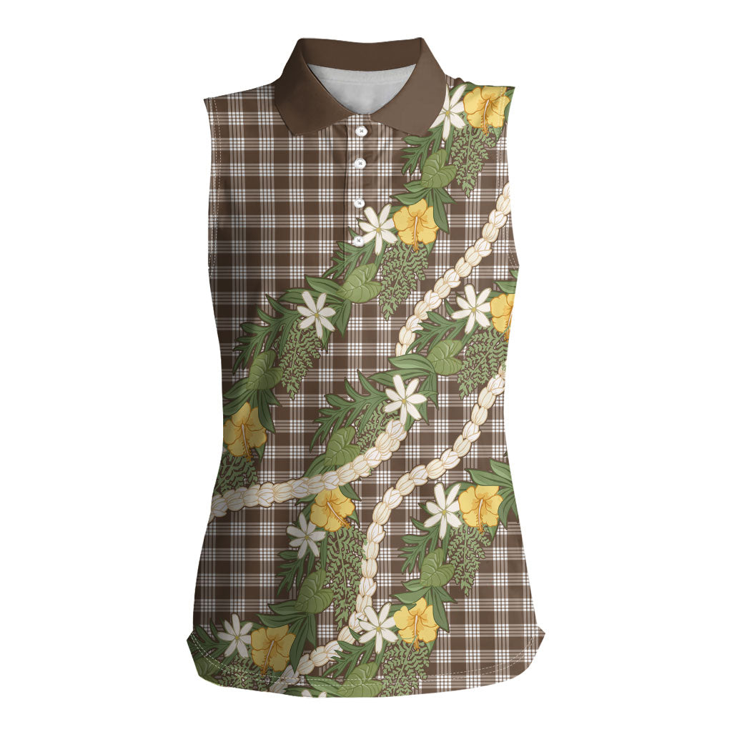 Aloha Puakenikeni Anthurium Pikake Lei Women Sleeveless Polo Shirt Chocolate Hawaiian Palaka Pattern