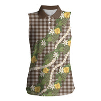 Aloha Puakenikeni Anthurium Pikake Lei Women Sleeveless Polo Shirt Chocolate Hawaiian Palaka Pattern