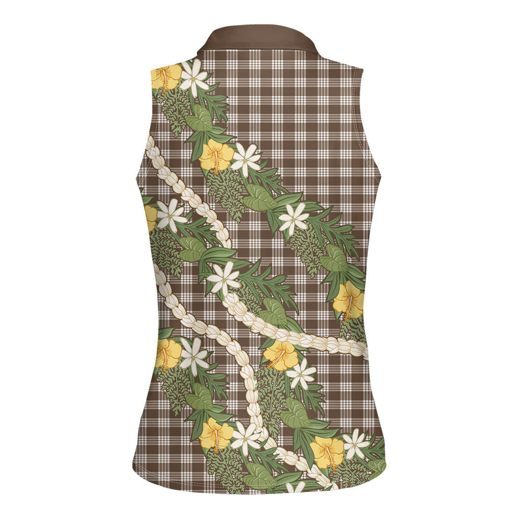Aloha Puakenikeni Anthurium Pikake Lei Women Sleeveless Polo Shirt Chocolate Hawaiian Palaka Pattern