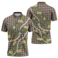 Aloha Puakenikeni Anthurium Pikake Lei Zipper Polo Shirt Chocolate Hawaiian Palaka Pattern