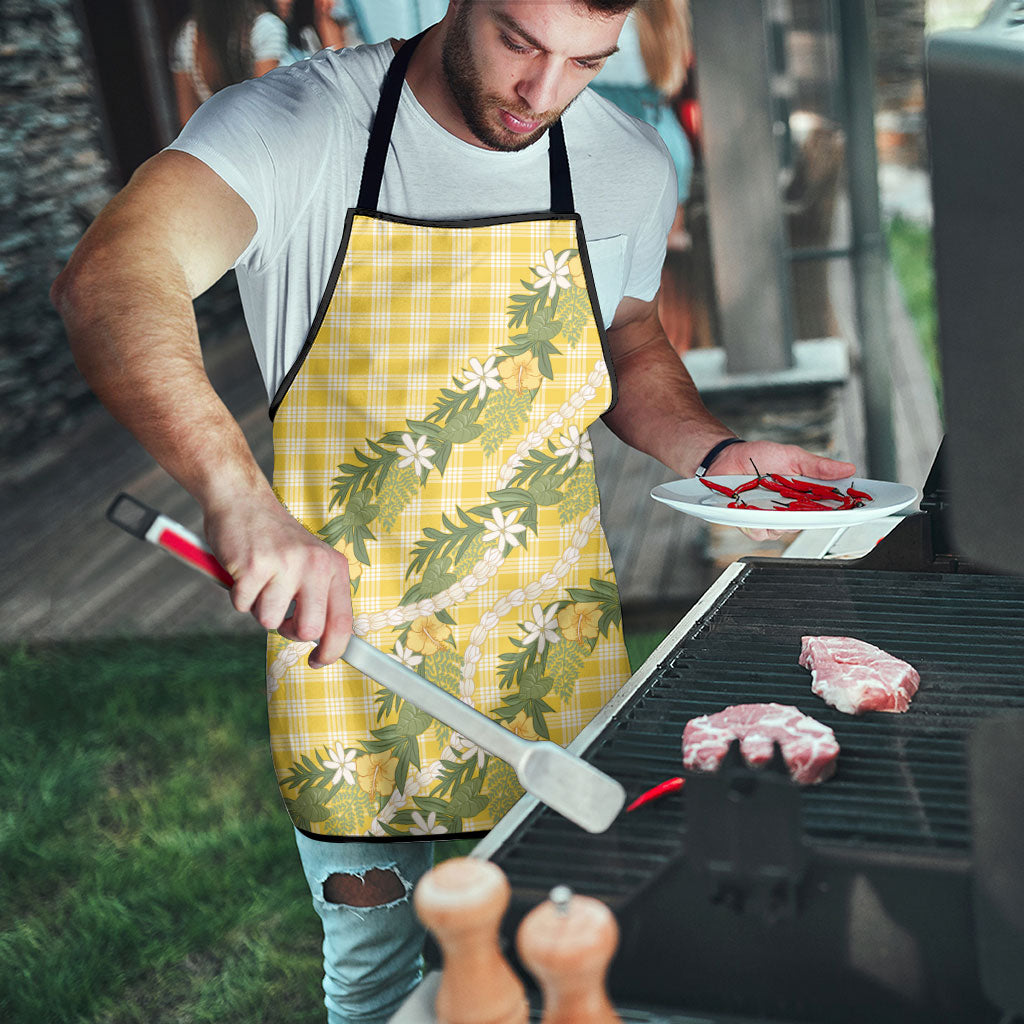 Aloha Puakenikeni Anthurium Pikake Lei Apron Gold Hawaiian Palaka Pattern