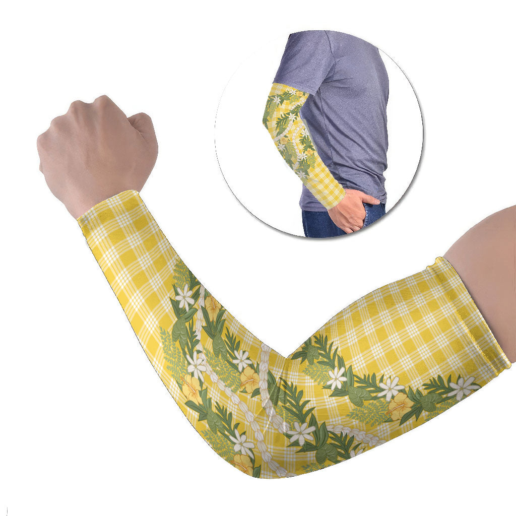 Aloha Puakenikeni Anthurium Pikake Lei Arm Sleeves Gold Hawaiian Palaka Pattern