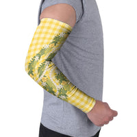 Aloha Puakenikeni Anthurium Pikake Lei Arm Sleeves Gold Hawaiian Palaka Pattern